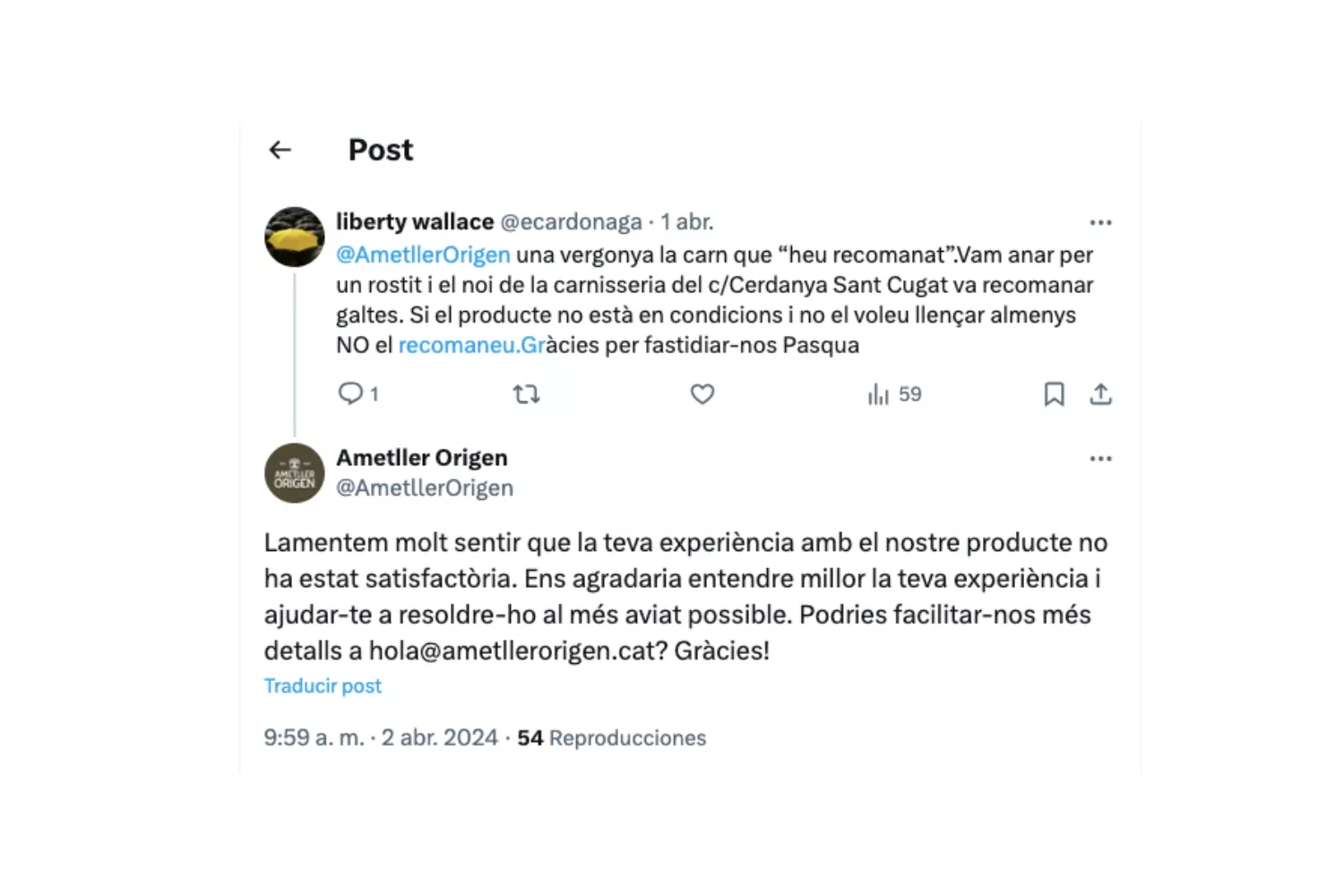 Queja de un cliente en X sobre Ametller Origen / X Queja de un cliente en X sobre Ametller Origen / X