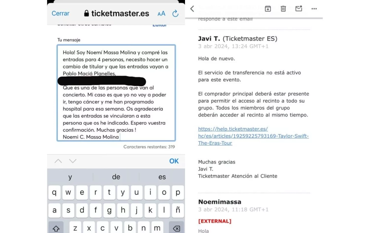 Capturas de la conversación con Ticketmaster X (TWITTER)