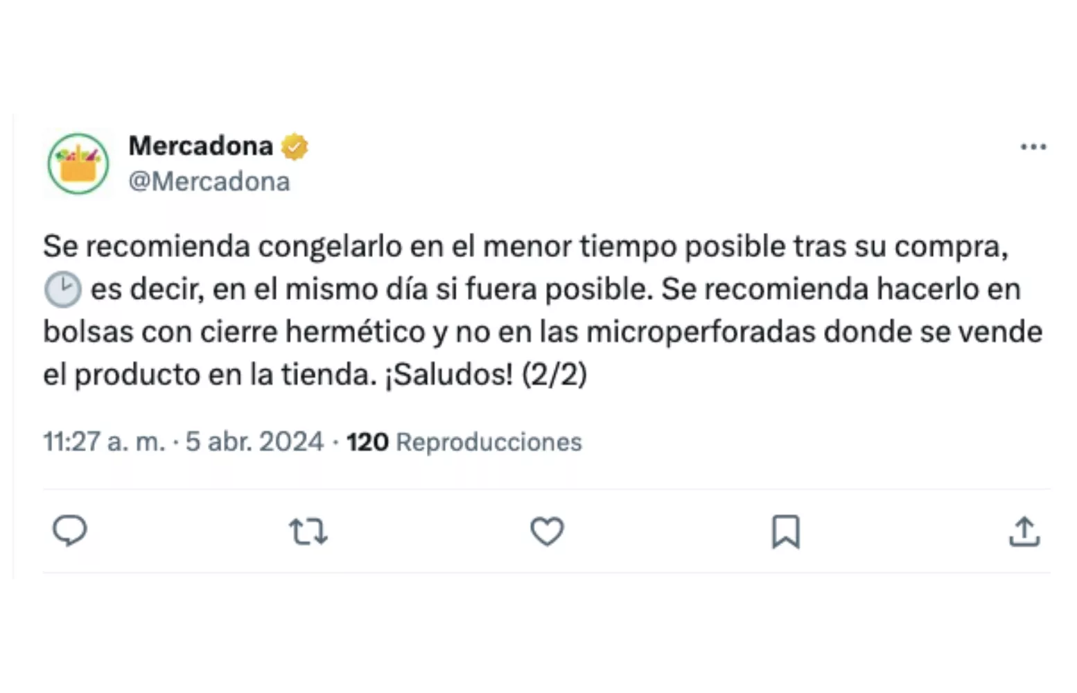 Tuit de Mercadona sobre cómo congelar el pan / X Tuit de Mercadona sobre cómo congelar el pan / X