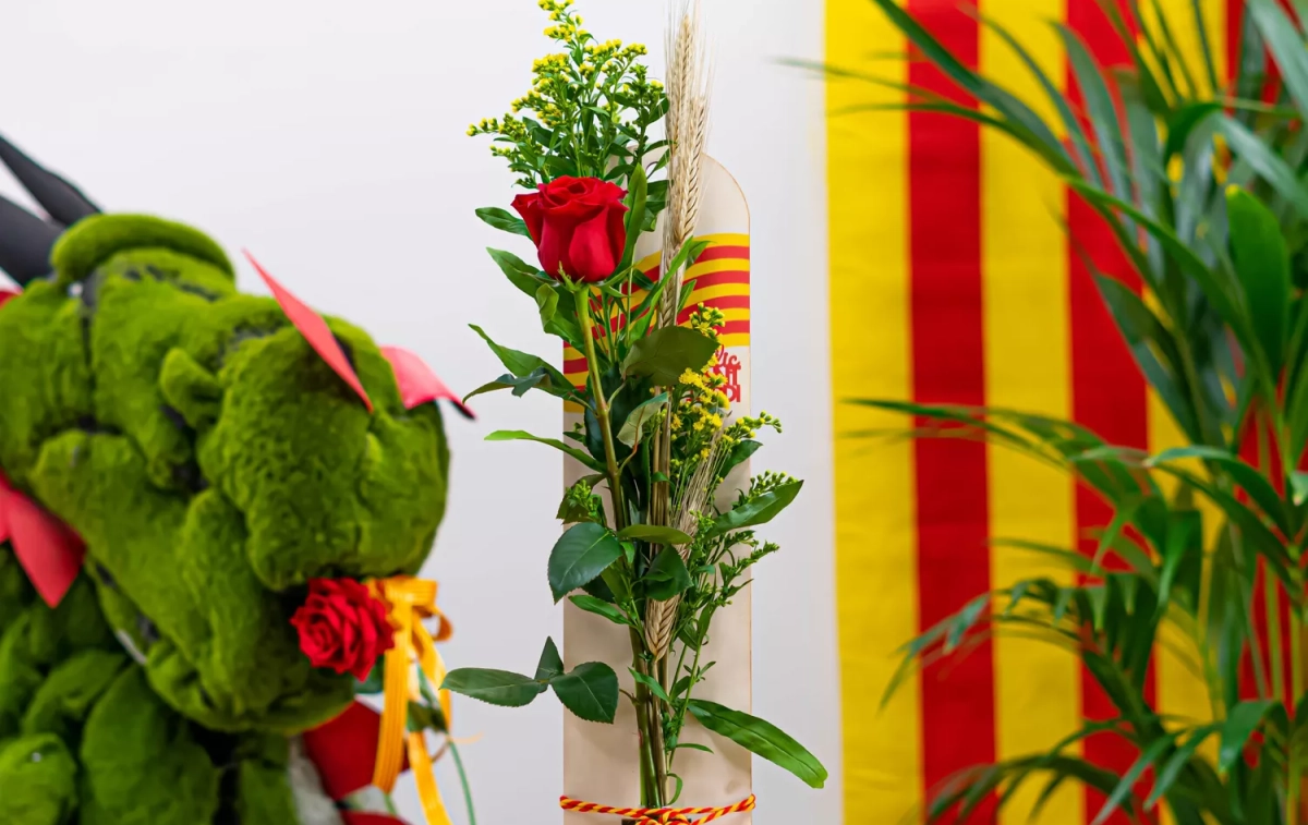 Una rosa con la bandera de Cataluña y un dragón de peluche con una rosa / FLORES NAVARRO Una rosa con la bandera de Cataluña y un dragón de peluche con una rosa / FLORES NAVARRO