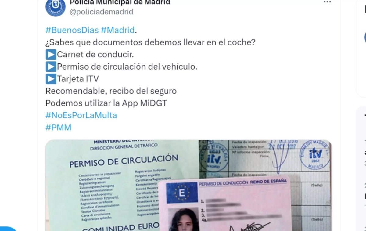 Tuit de la Policía Municipal de Madrid con la documentación necesaria que hay que llevar en el coche / CG Tuit de la Policía Municipal de Madrid con la documentación necesaria que hay que llevar en el coche / CG