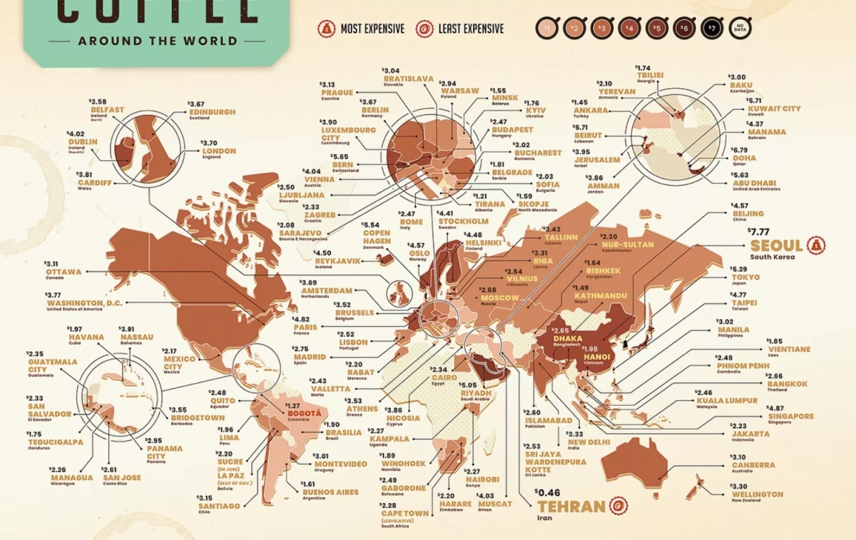 El mapa con todos los precios del café en todos los países del mundo  