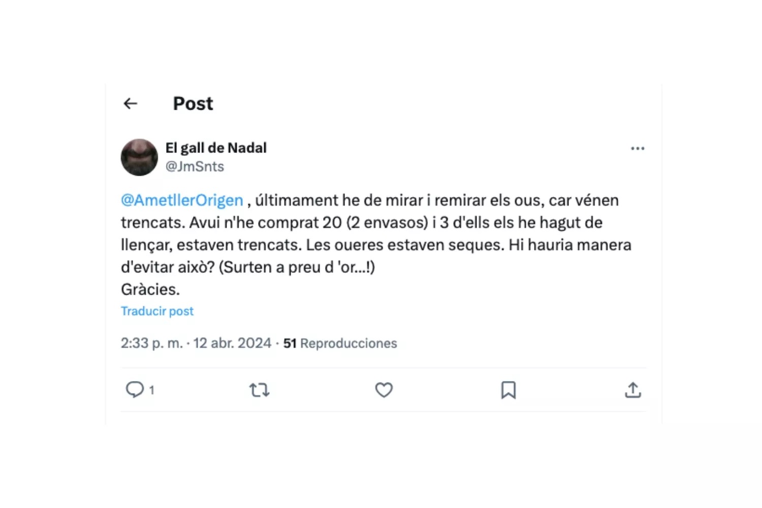 Comentario sobre Ametller Origen en X / X Comentario sobre Ametller Origen en X / X