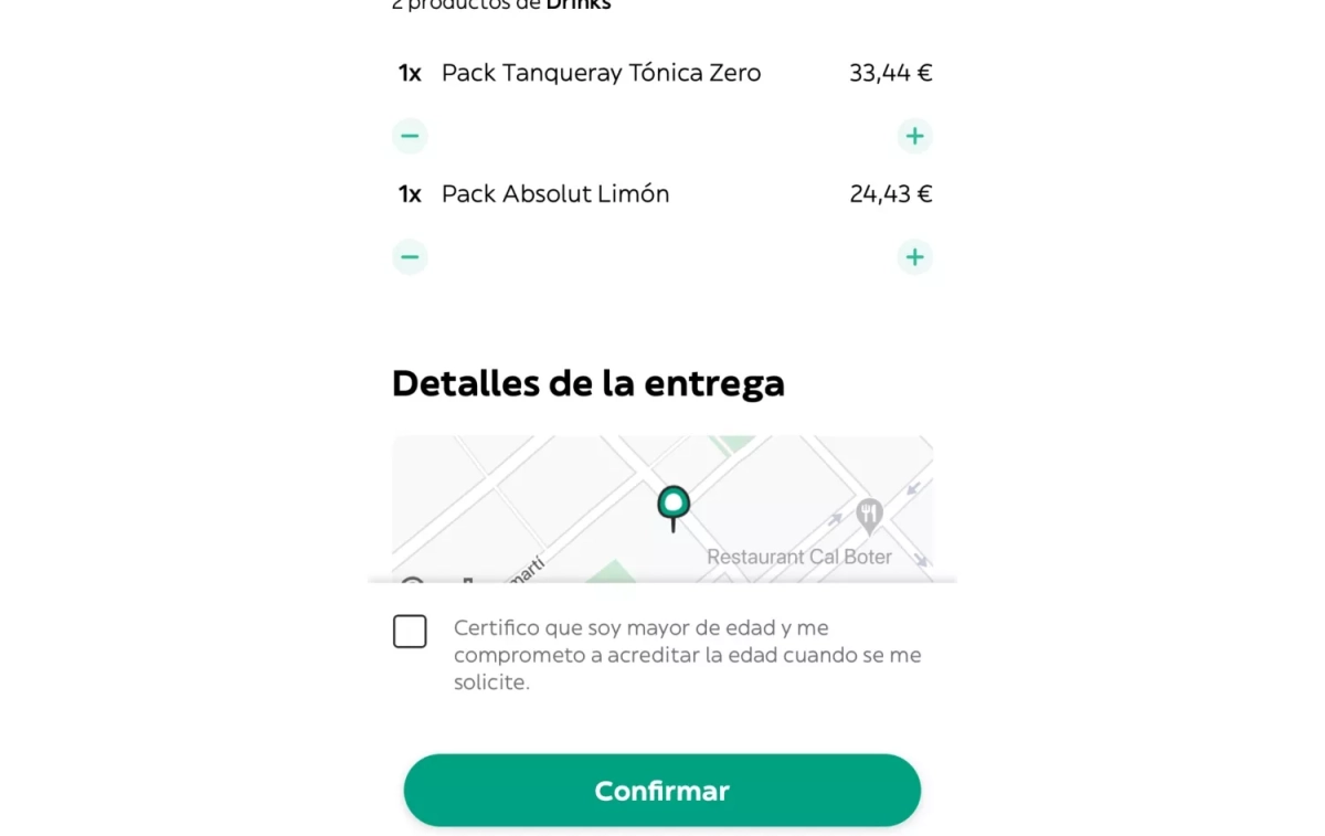 Una captura de un pedido de bebidas alcohólicas a través de Glovo / CG Una captura de un pedido de bebidas alcohólicas a través de Glovo / CG