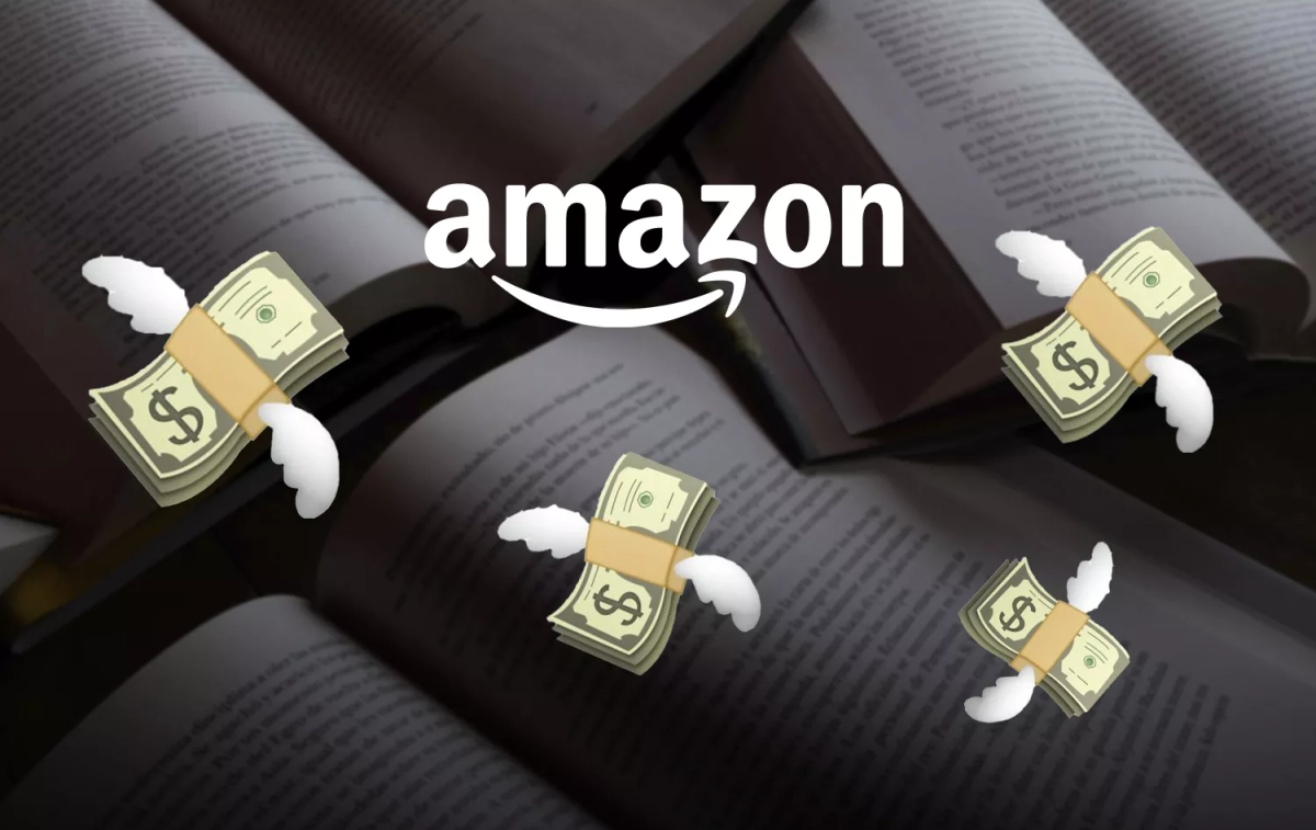 Libros, el logo de Amazon y billetes volando / MONTAJE de CG Libros, el logo de Amazon y billetes volando / MONTAJE de CG