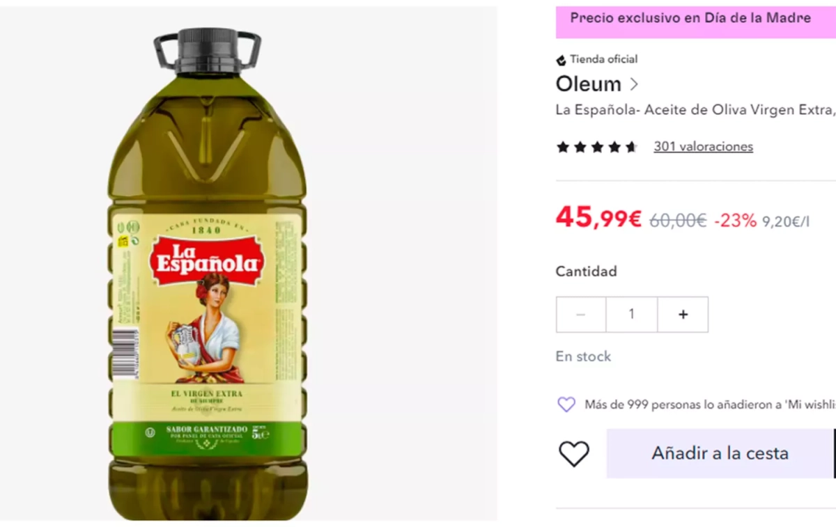 La oferta de aceite de oliva virgen extra de Miravia / CG La oferta de aceite de oliva virgen extra de Miravia / CG