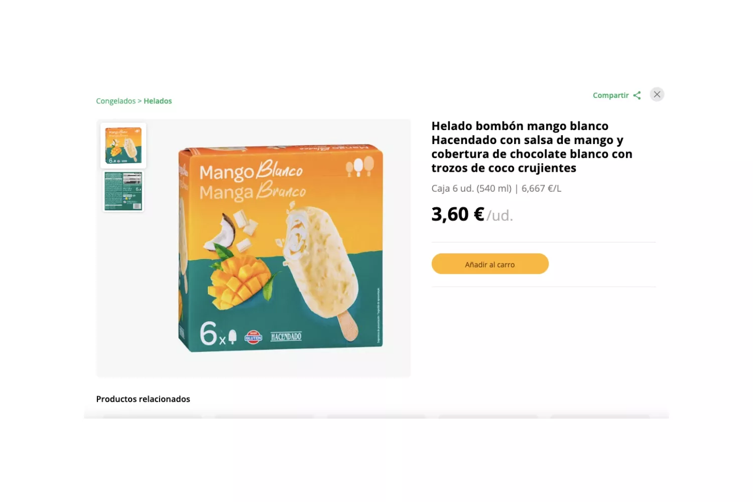 Helado bombón mango blanco / MERCADONA