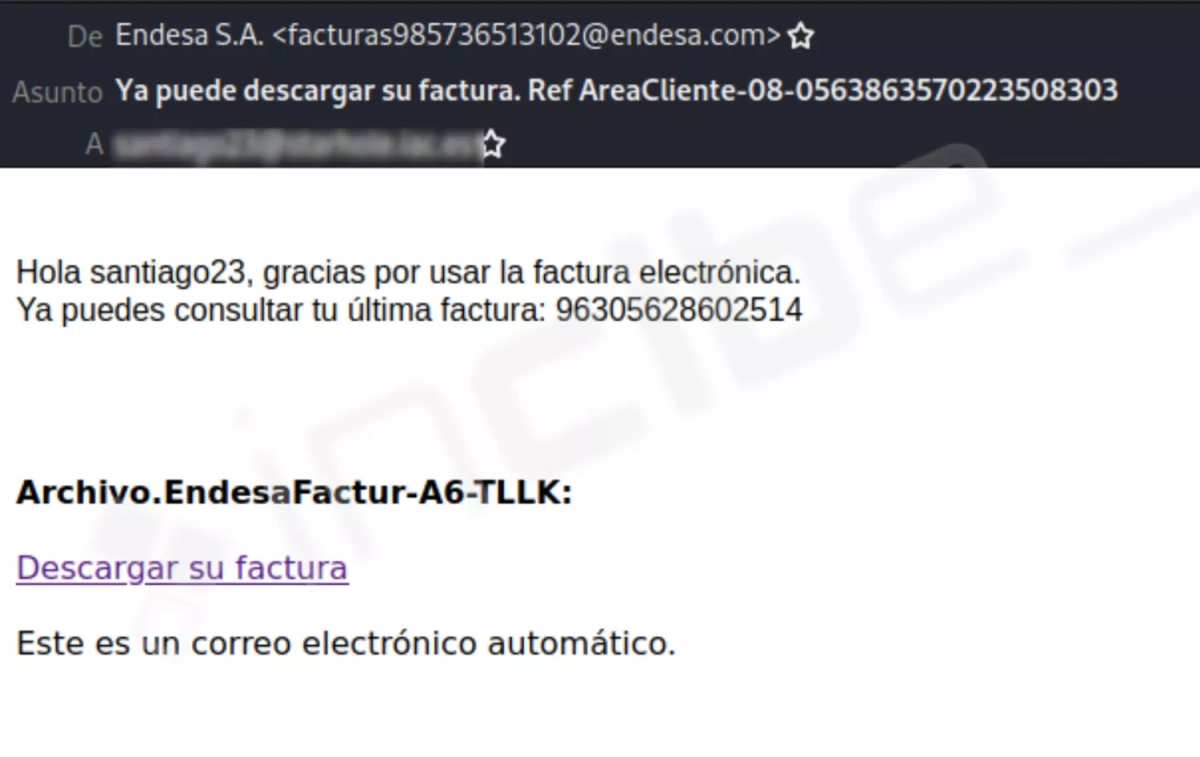 Un ejemplo del correo que suplanta a Endesa / INCIBE Un ejemplo del correo que suplanta a Endesa / INCIBE