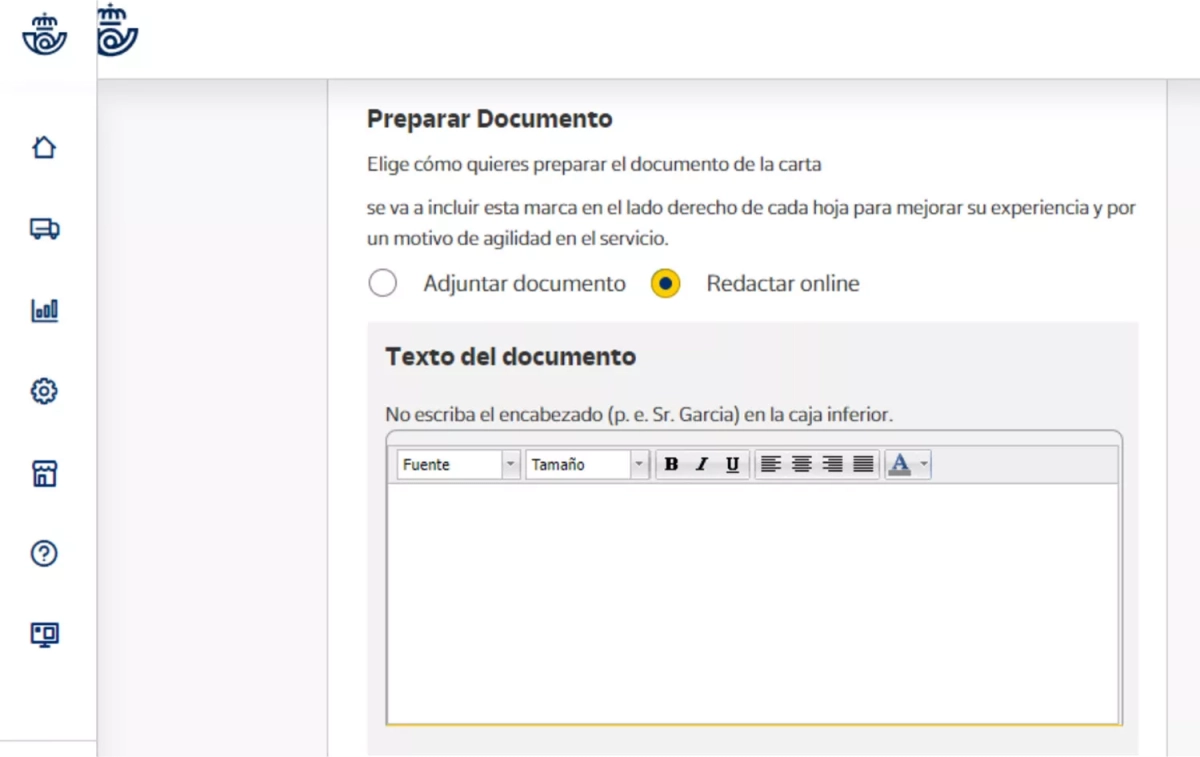 El cuadro para enviar la carta online / CORREOS El cuadro para enviar la carta online / CORREOS