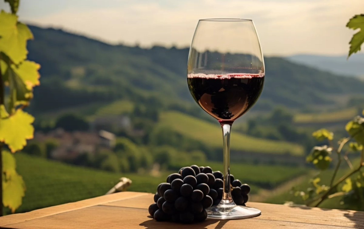 Copa de vino similar a Terra Remota con viñedo al fono / FREEPIK - @frimufilms Copa de vino similar a Terra Remota con viñedo al fono / FREEPIK - @frimufilms