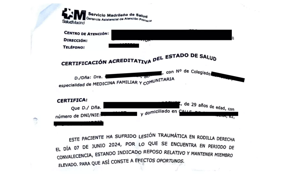 Captura del informe médico de Álvaro F. CEDIDA Captura del informe médico de Álvaro F. CEDIDA