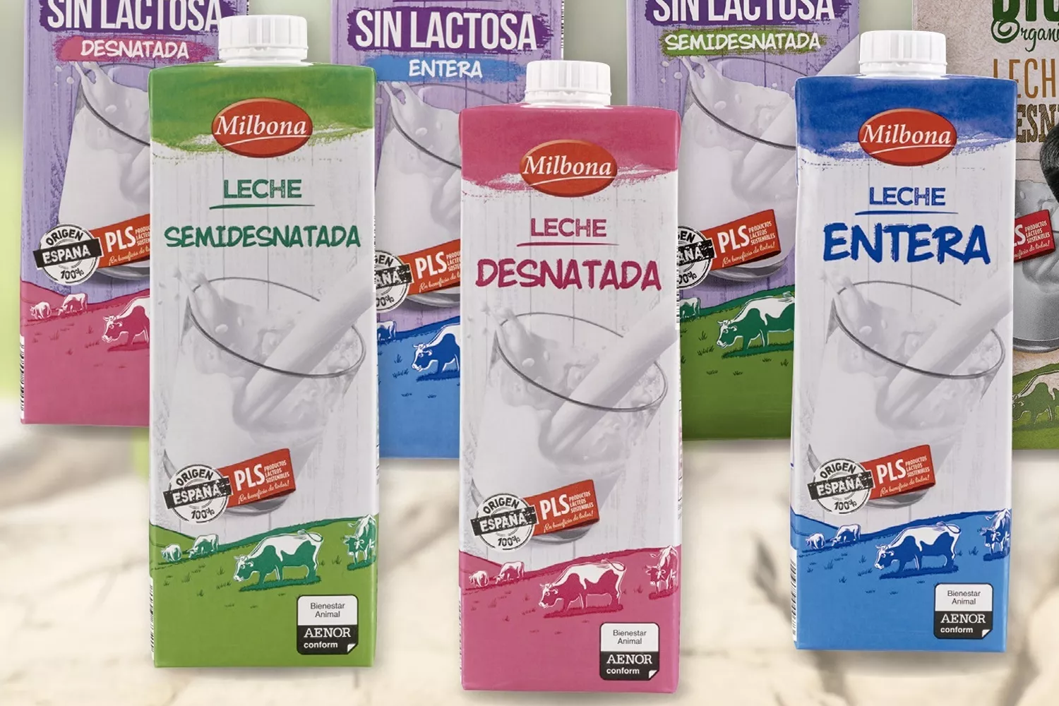 Leche entera, semidesnatada y desnatada de la marca Milbona LIDL