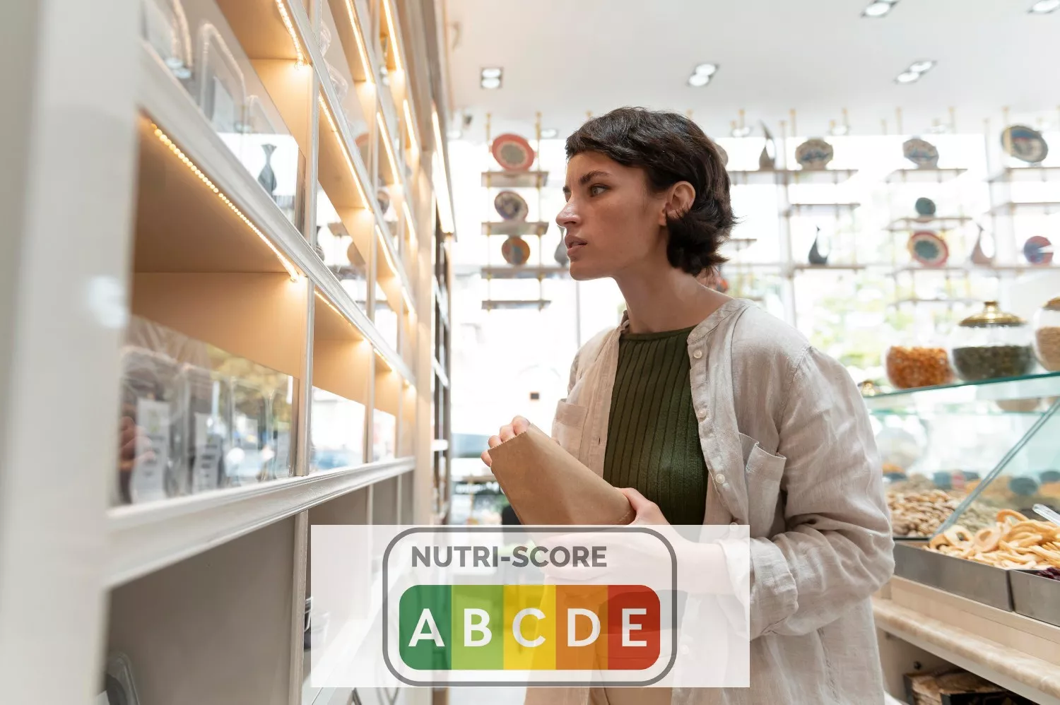 Una mujer mira la etiqueta de NutriScore de un producto en el supermercado / FOMONTAJE CG (FREEPIK)