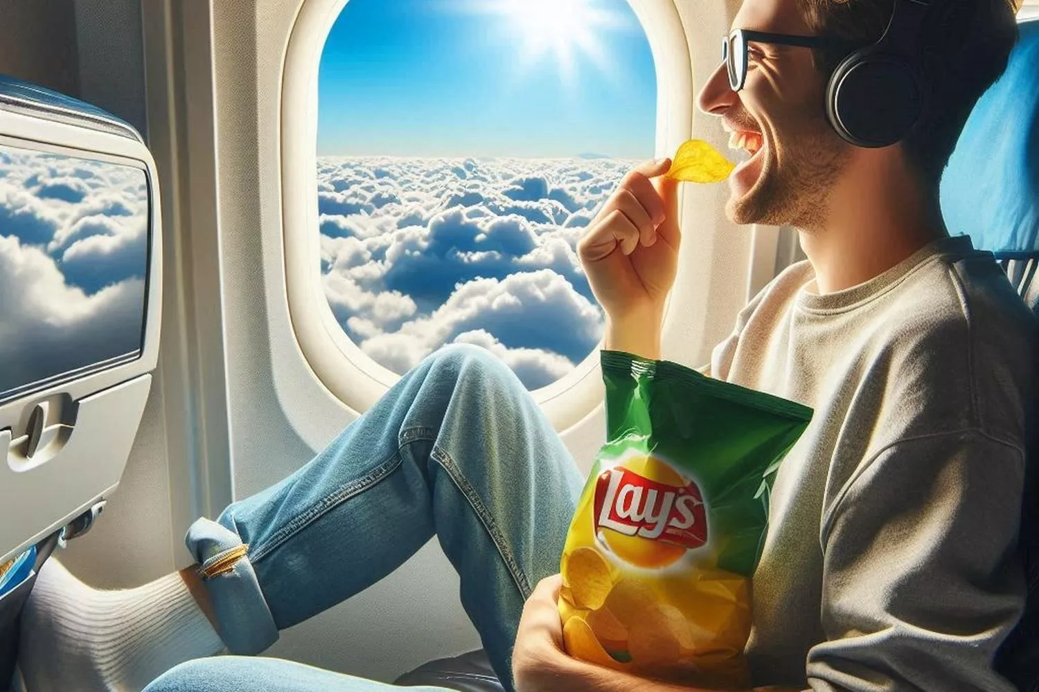 Uma pessoa com comida enquanto viaja num avião / CG