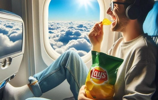 Una persona comiendo unas patatas con glutamato mientras viaja en un avión / Imagen generada con IA Una persona comiendo unas patatas con glutamato mientras viaja en un avión / Imagen generada con IA