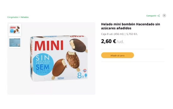Helado mini bombón de Hacendando sin azúcares añadidos / MERCADONA.ES Helado mini bombón de Hacendando sin azúcares añadidos / MERCADONA.ES