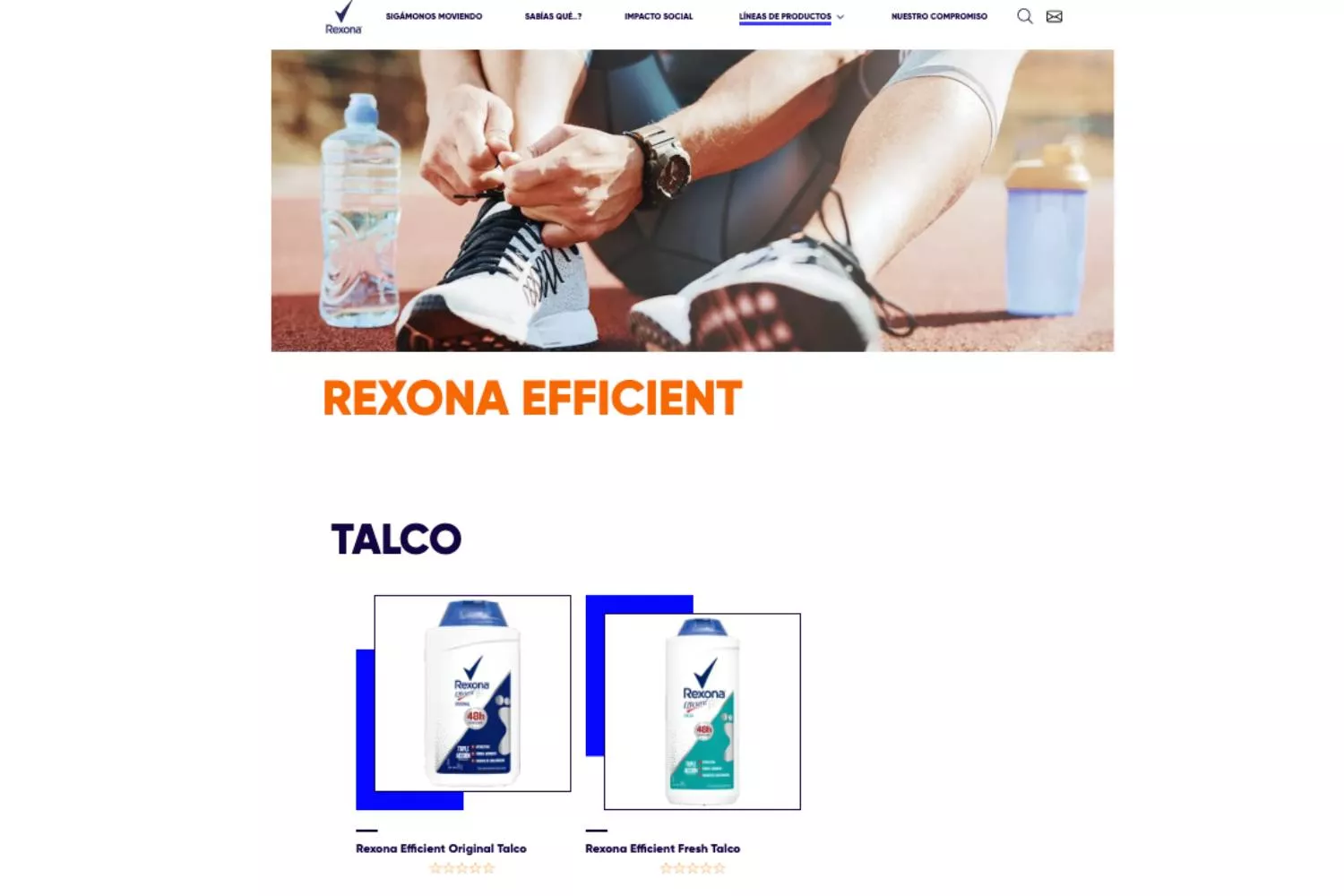 Página web de Rexona en la que se ofrecen productos con talco / REXONA