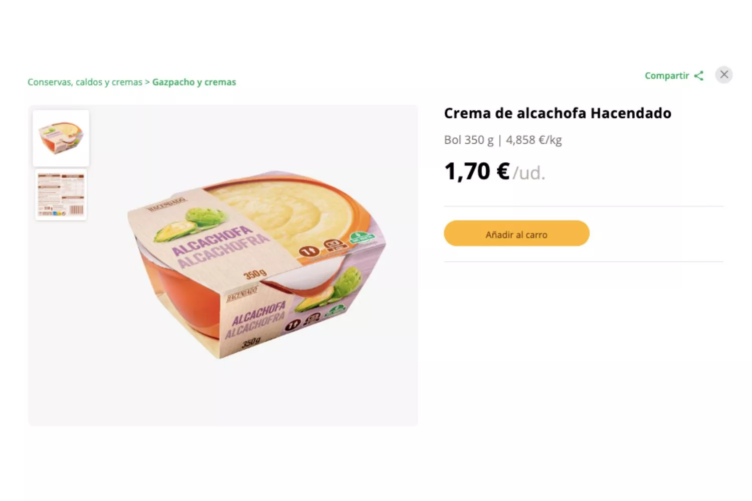 Crema de alcachofa Hacendado / MERCADONA Crema de alcachofa Hacendado / MERCADONA