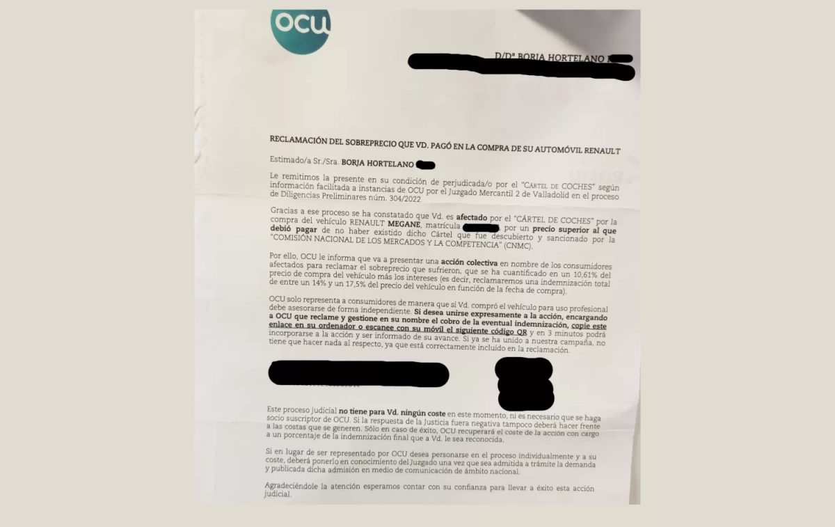 El comunicado de la OCU al afectado Borja Hortelano CEDIDA El comunicado de la OCU al afectado Borja Hortelano CEDIDA