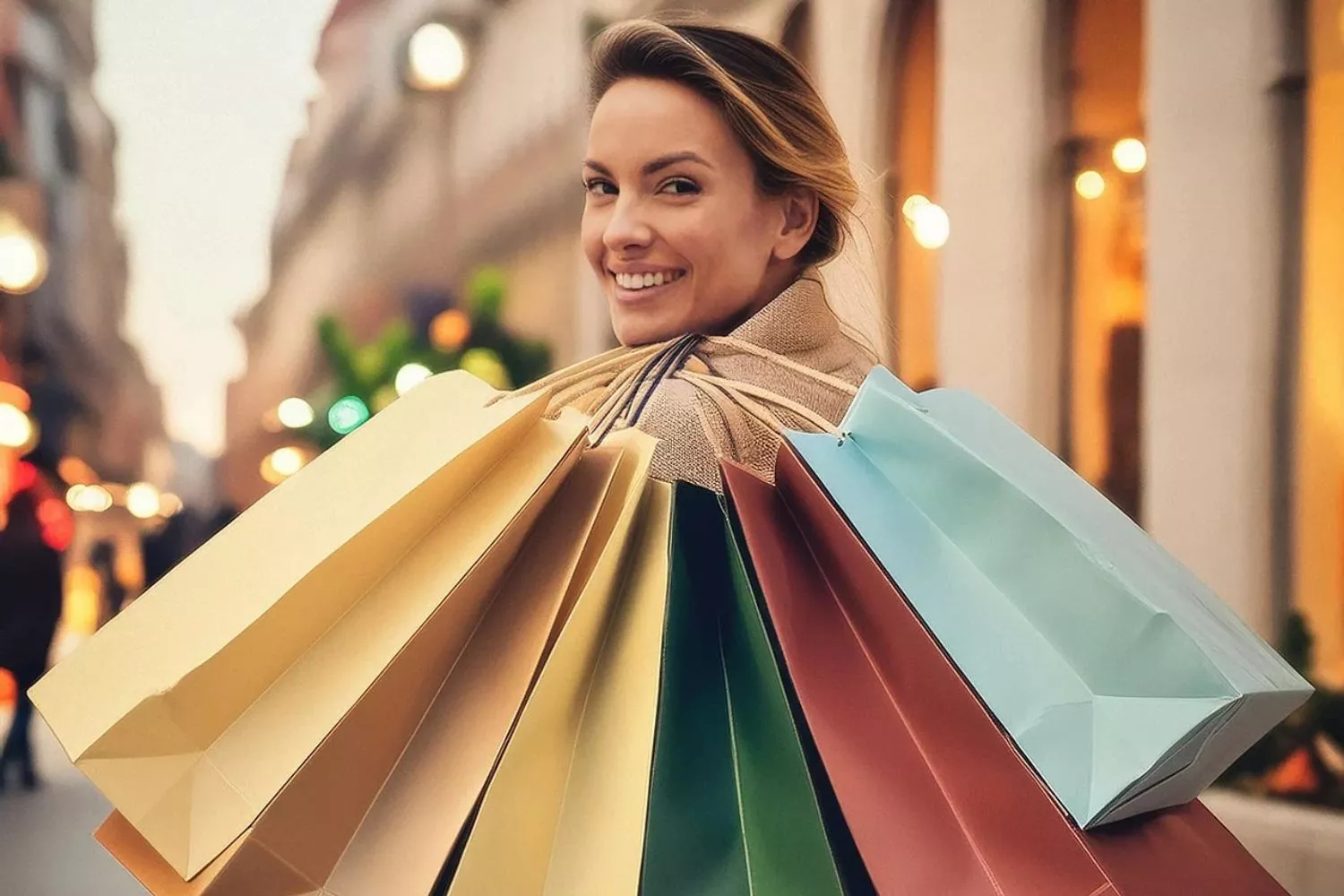 Una persona con bolsas de diferentes compras en una ciudad que no es Barcelona