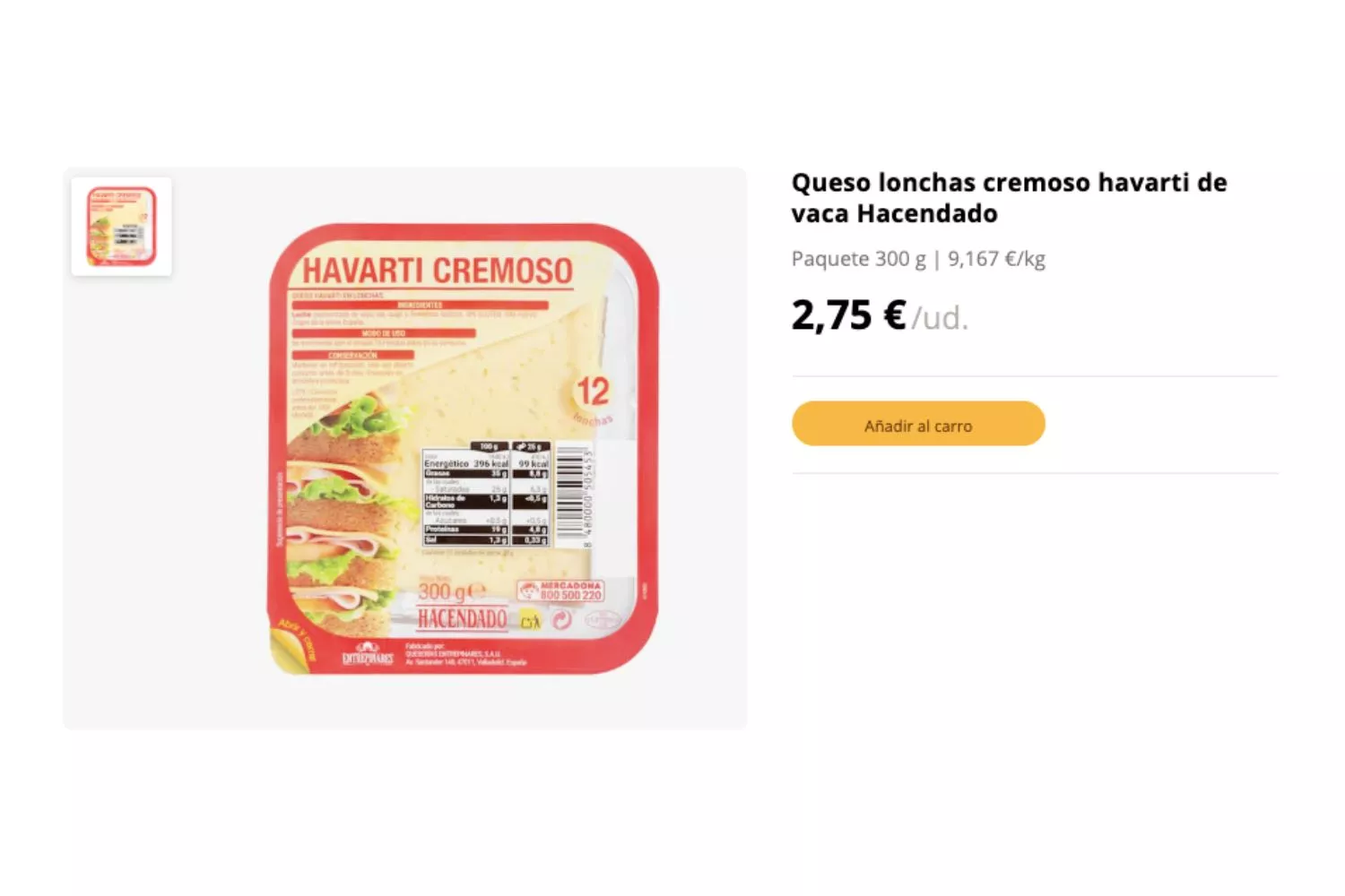 Queso lonchas cremoso havarti de Hacendado / MERCADONA Queso lonchas cremoso havarti de Hacendado / MERCADONA