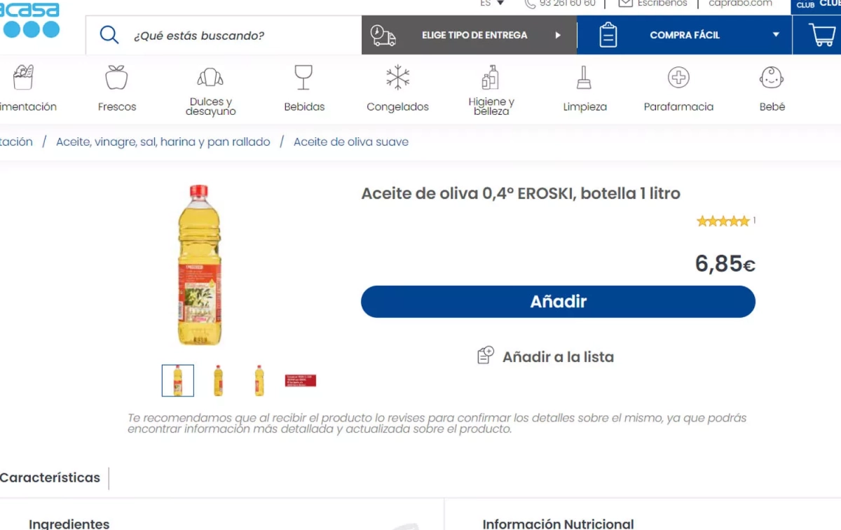 El precio del aceite de oliva de marca blanca Eroski a 18 de octubre de 2024 / CG El precio del aceite de oliva de marca blanca Eroski a 18 de octubre de 2024 / CG