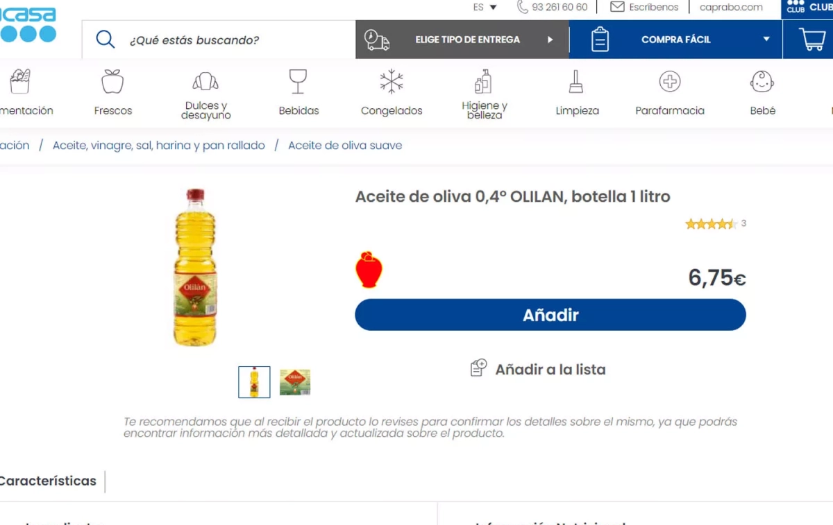 El precio del aceite de oliva Olilán a 18 de octubre de 2024, el más barato a la venta en Caprabo / CG El precio del aceite de oliva Olilán a 18 de octubre de 2024, el más barato a la venta en Caprabo / CG