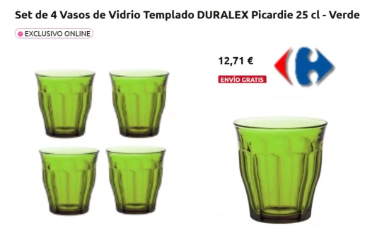 Set de 4 Vasos de Vidrio Templado DURALEX Picardie 25 cl - Verde/ CARREFOUR.ES Set de 4 Vasos de Vidrio Templado DURALEX Picardie 25 cl - Verde/ CARREFOUR.ES