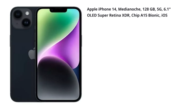 Apple iPhone 14, Medianoche, 128 GB, 5G, 6.1" OLED Super Retina XDR, Chip A15 Bionic, iOS/ MEDIAMARKT.ES Apple iPhone 14, Medianoche, 128 GB, 5G, 6.1" OLED Super Retina XDR, Chip A15 Bionic, iOS/ MEDIAMARKT.ES