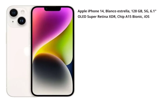 Apple iPhone 14,Blanco Estrella, 128 GB, 5G, 6.1" OLED Super Retina XDR, Chip A15 Bionic, iOS /MEDIAMARKT.ES Apple iPhone 14,Blanco Estrella, 128 GB, 5G, 6.1" OLED Super Retina XDR, Chip A15 Bionic, iOS /MEDIAMARKT.ES