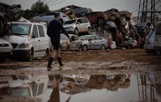 Decenas de coches apilados por la grúas en Paiporta, Valencia, donde también han fallecido miles de animales por el paso de la DANA / ALEJANDRO MARTÍNEZ - EP