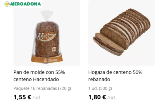 Panes de centeno de Mercadona 55% y 50%/ MERCADONA.ES Panes de centeno de Mercadona 55% y 50%/ MERCADONA.ES