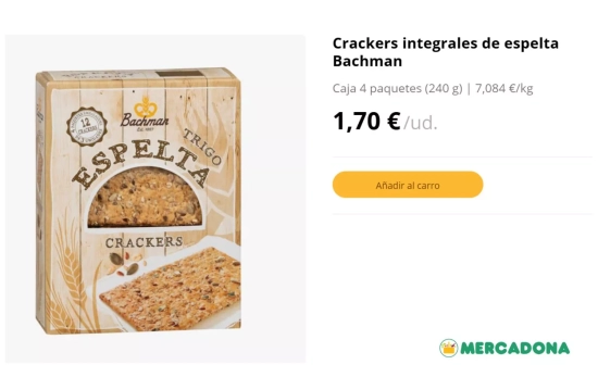Crackers integrales de espelta Bachman (1,70 euros)/ MERCADONA.ES Crackers integrales de espelta Bachman (1,70 euros)/ MERCADONA.ES