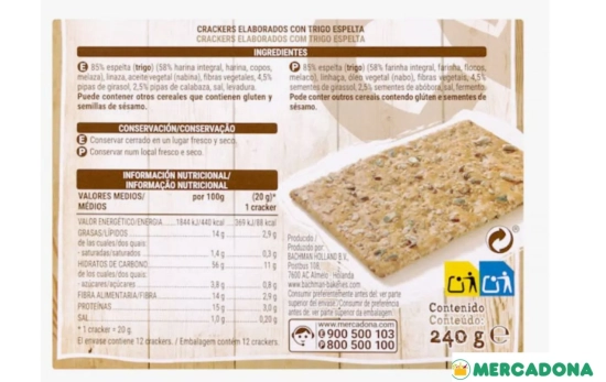 Crackers integrales de espelta Bachman ingredientes/ MERCADONA.ES Crackers integrales de espelta Bachman ingredientes/ MERCADONA.ES