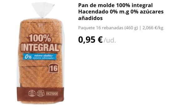 Pan de molde 100% integral familiar de Mercadona/ MERCADONA.ES Pan de molde 100% integral familiar de Mercadona/ MERCADONA.ES