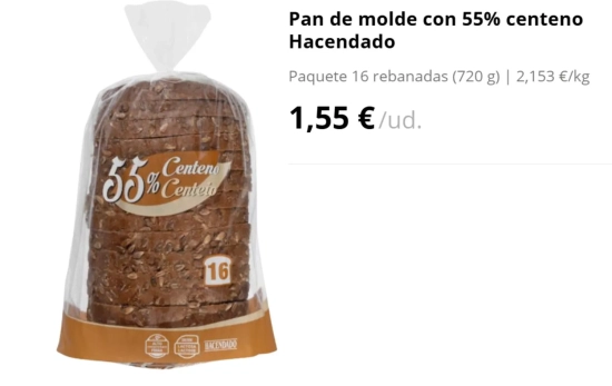 Pan de molde con 55% centeno Hacendado/ MERCADONA.ES Pan de molde con 55% centeno Hacendado/ MERCADONA.ES