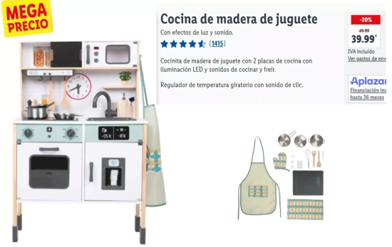 Cocinita de madera de juguete con 2 placas de cocina con iluminación LED y sonidos de cocinar y freír/ LIDL.ES Cocinita de madera de juguete con 2 placas de cocina con iluminación LED y sonidos de cocinar y freír/ LIDL.ES
