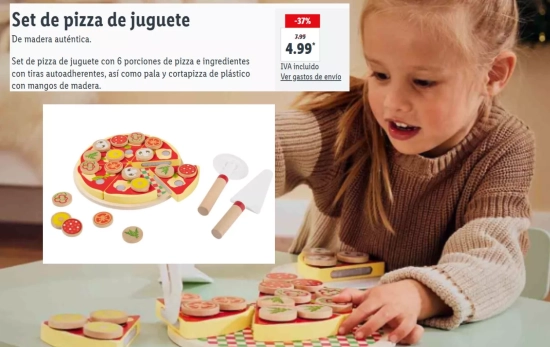 Set de pizza de juguete con 6 porciones de pizza e ingredientes con tiras autoadherentes por 4,99 euros/ LIDL.ES Set de pizza de juguete con 6 porciones de pizza e ingredientes con tiras autoadherentes por 4,99 euros/ LIDL.ES