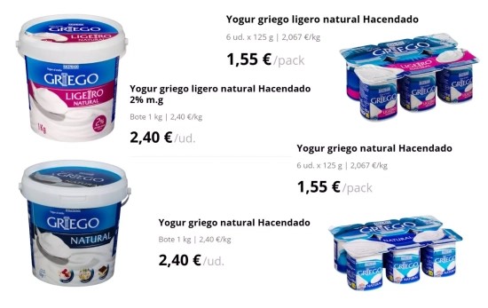 Yogur griego natural y ligero ( Pack 4 o Formato ahorro 1kg), 2,40 euros y 1,55 euros/ MERCADONA.ES Yogur griego natural y ligero ( Pack 4 o Formato ahorro 1kg), 2,40 euros y 1,55 euros/ MERCADONA.ES