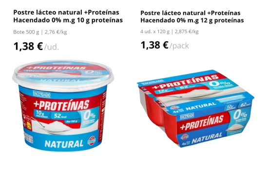 Postre lácteo natural +Proteínas Hacendado 0% m.g 10 g, 2,40 euros y 1,55 euros/ MERCADONA.ES Postre lácteo natural +Proteínas Hacendado 0% m.g 10 g, 2,40 euros y 1,55 euros/ MERCADONA.ES
