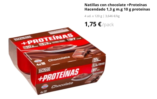 Natillas con chocolate +Proteínas Hacendado 1,3 g m.g 10 g, 1,75 euros/ MERCADONA.ES Natillas con chocolate +Proteínas Hacendado 1,3 g m.g 10 g, 1,75 euros/ MERCADONA.ES