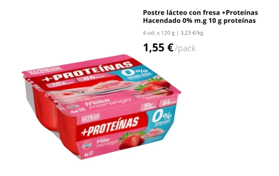 Postre lácteo con fresa +Proteínas Hacendado 0% m.g 10 g, 1,55 euros/ MERCADONA.ES Postre lácteo con fresa +Proteínas Hacendado 0% m.g 10 g, 1,55 euros/ MERCADONA.ES