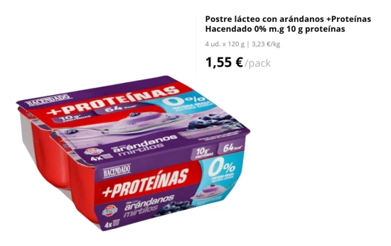 Postre lácteo con arándanos +Proteínas Hacendado 0% m.g 10 g, 1,55 euros/ MERCADONA.ES Postre lácteo con arándanos +Proteínas Hacendado 0% m.g 10 g, 1,55 euros/ MERCADONA.ES