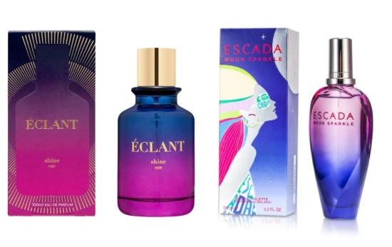 Éclat Shine (11 €) /Moon Sparkle de Escada (61 euros) / Montaje CG Éclat Shine (11 €) /Moon Sparkle de Escada (61 euros) / Montaje CG