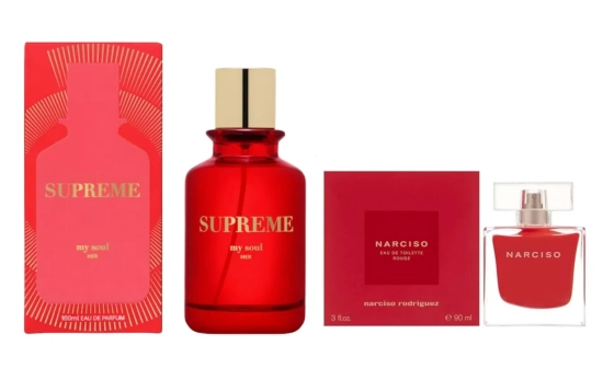 My Soul Supreme (11 €)/Narciso Rouge de Narciso Rodríguez (46 euros)/ Montaje CG My Soul Supreme (11 €)/Narciso Rouge de Narciso Rodríguez (46 euros)/ Montaje CG