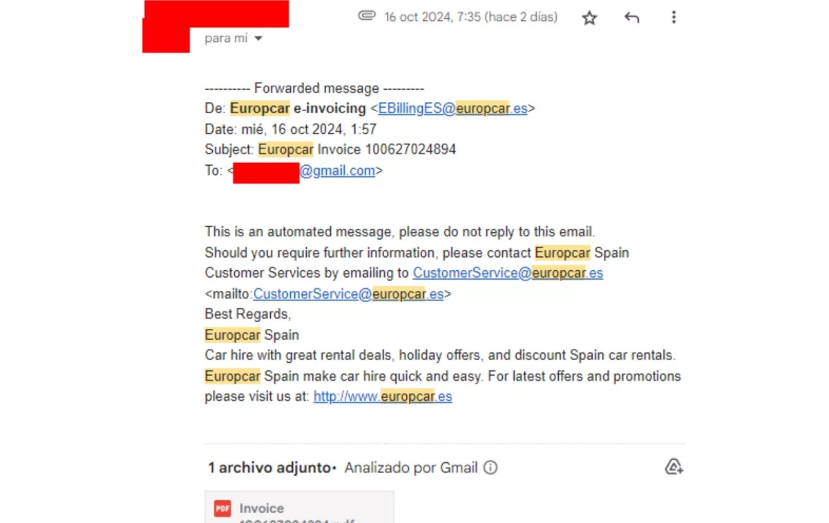 El mail de Europcar CEDIDO El mail de Europcar CEDIDO