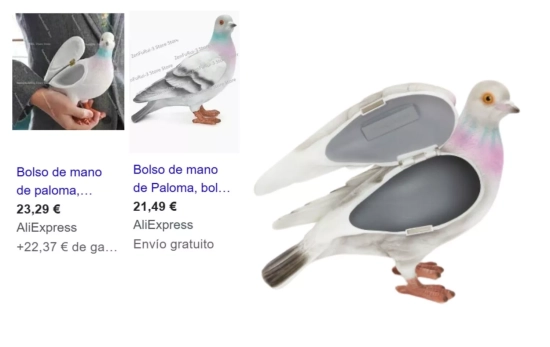 Imitaciones del bolso viral de paloma de JW Anderson en AliExpress/ Montaje CG Imitaciones del bolso viral de paloma de JW Anderson en AliExpress/ Montaje CG