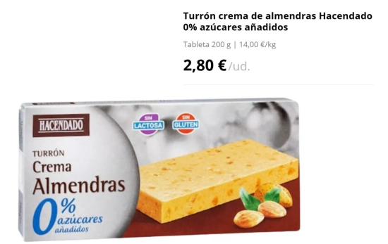 Turrón crema de almendras 0% sin azúcares añadidos Hacendado/2,80€/MERCADONA.ES
