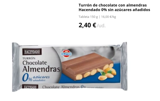 Turrón de chocolate con almendras Hacendado 0% sin azúcares añadidos/ 2,40€/MERCADONA.ES