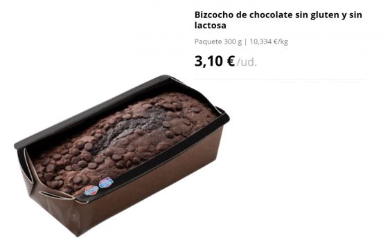 Bizcocho de chocolate sin gluten y sin lactosa/ 3,10 €/ MERCADONA.ES Bizcocho de chocolate sin gluten y sin lactosa/ 3,10 €/ MERCADONA.ES